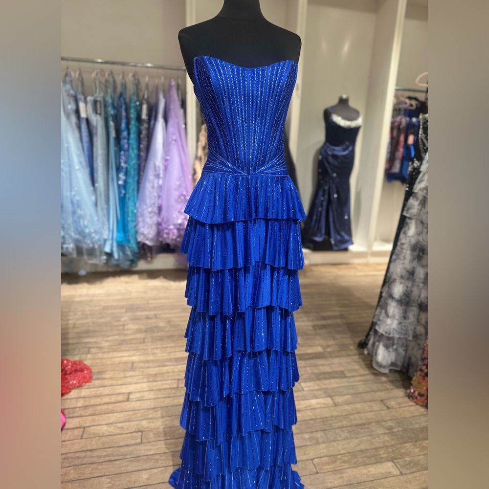Royal Blue Strapless Tiered Ruffle Evening Dress